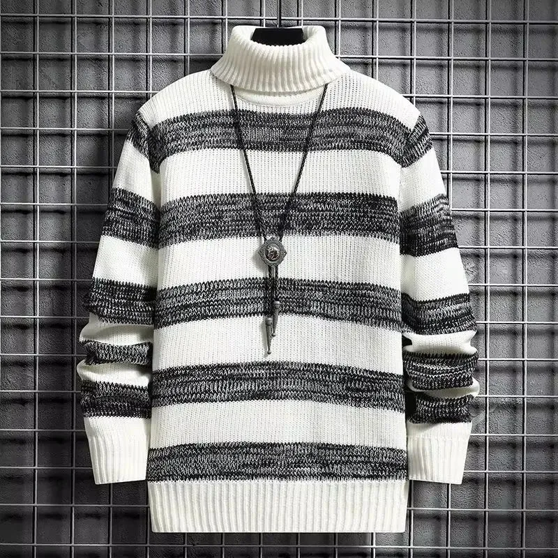 Modern Fashion Pullover Man High Collar Striped Knitwear New in Knitted Sweaters