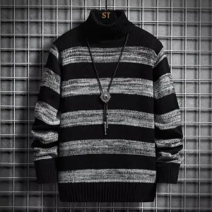 Modern Fashion Pullover Man High Collar Striped Knitwear New in Knitted Sweaters