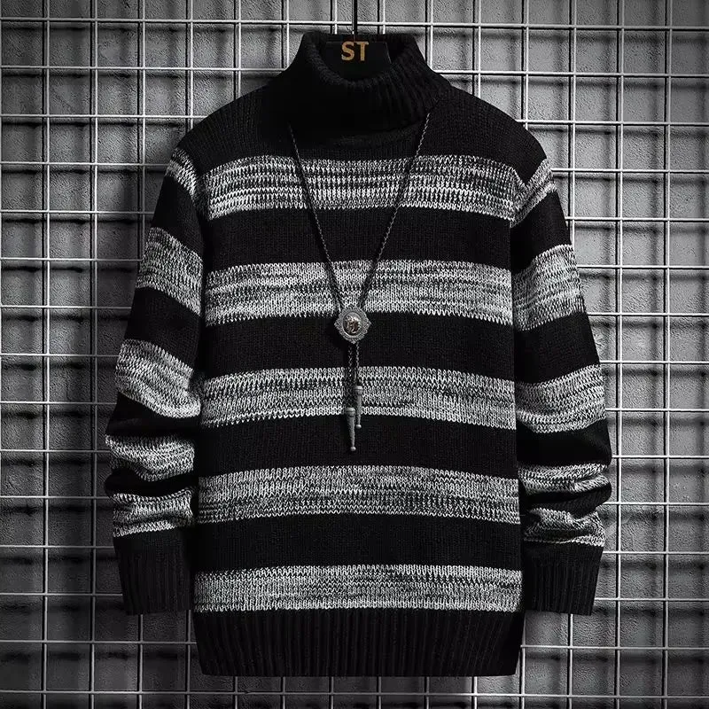 Modern Fashion Pullover Man High Collar Striped Knitwear New in Knitted Sweaters
