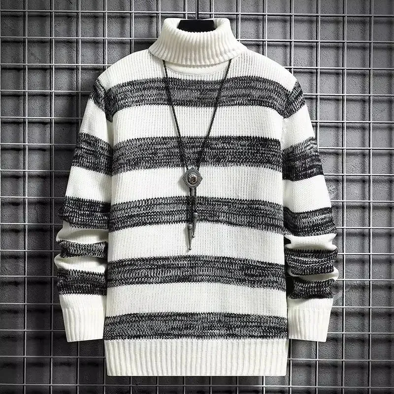 Modern Fashion Pullover Man High Collar Striped Knitwear New in Knitted Sweaters