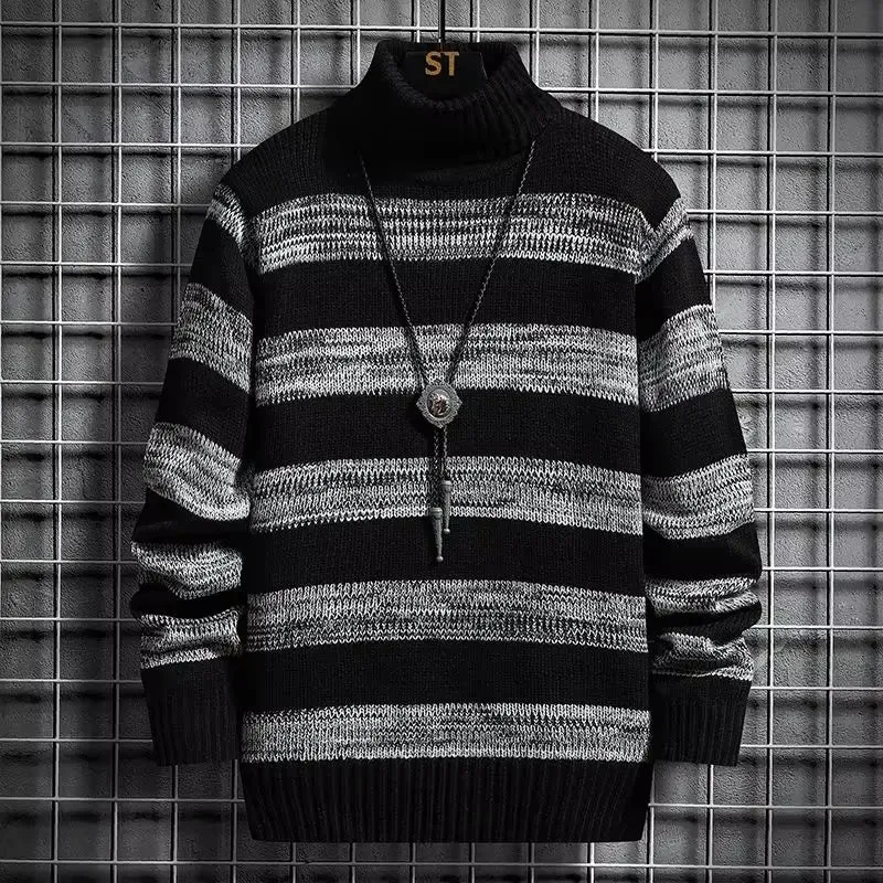 Modern Fashion Pullover Man High Collar Striped Knitwear New in Knitted Sweaters