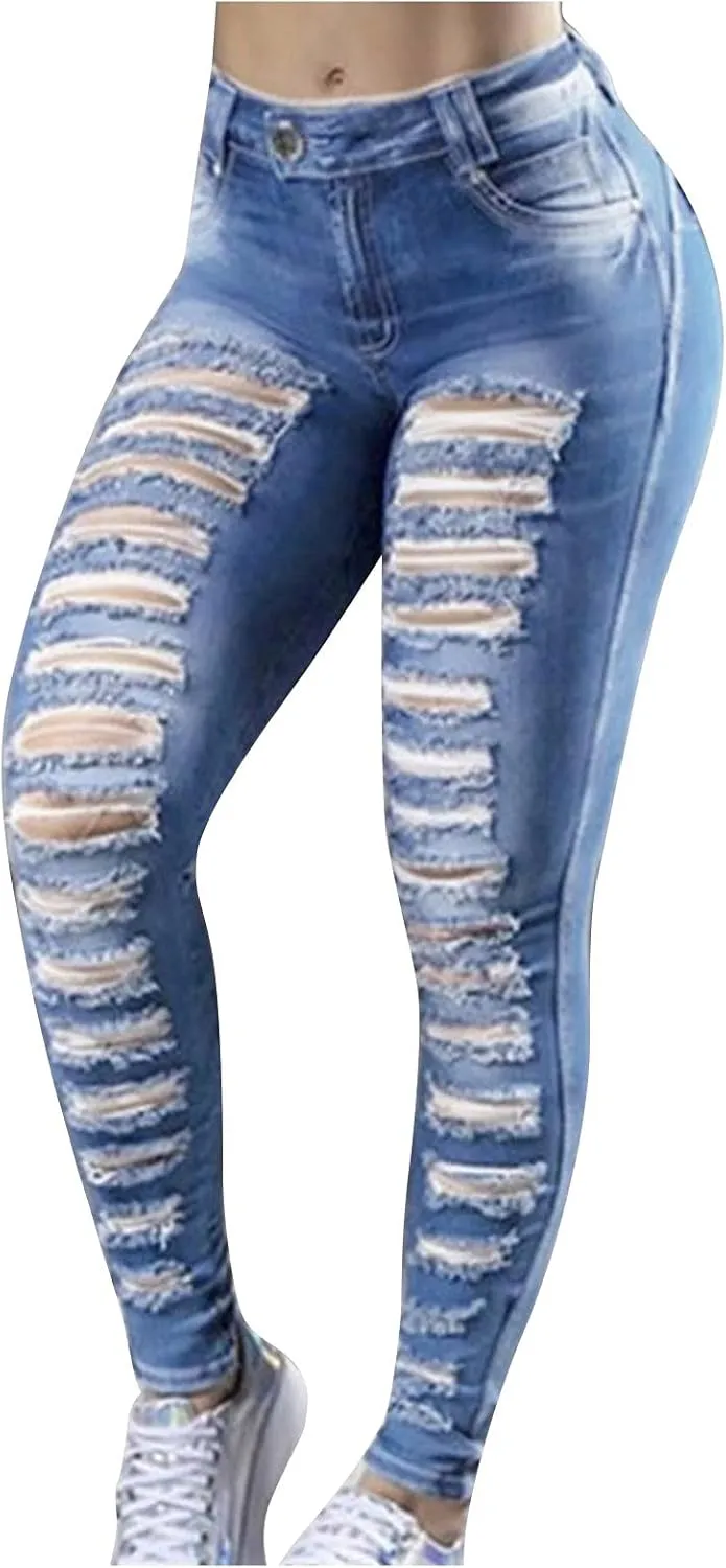 Mom Jeans for Women, Women Distressed Raw Hem Washed Boyfriend Jeans Destroyed Straight Leg Denim Pants