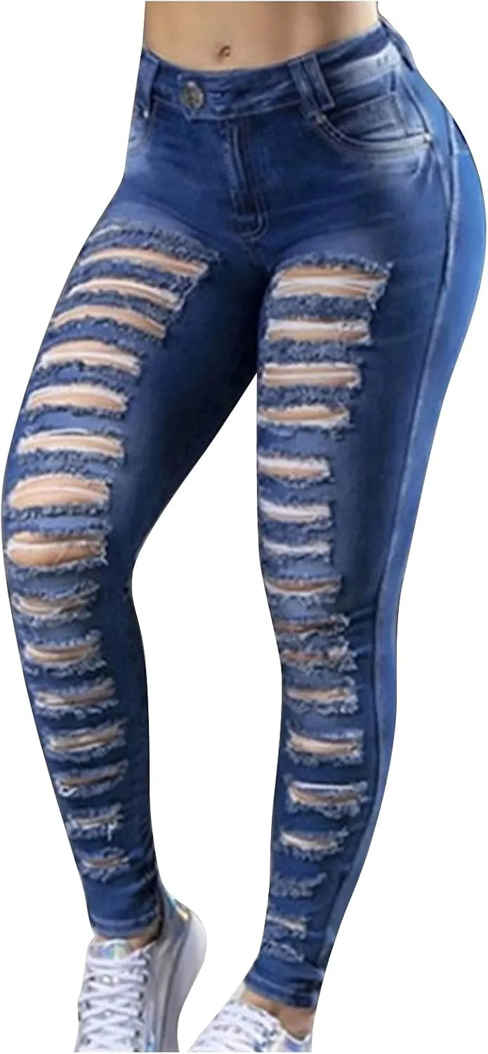 Mom Jeans for Women, Women Distressed Raw Hem Washed Boyfriend Jeans Destroyed Straight Leg Denim Pants