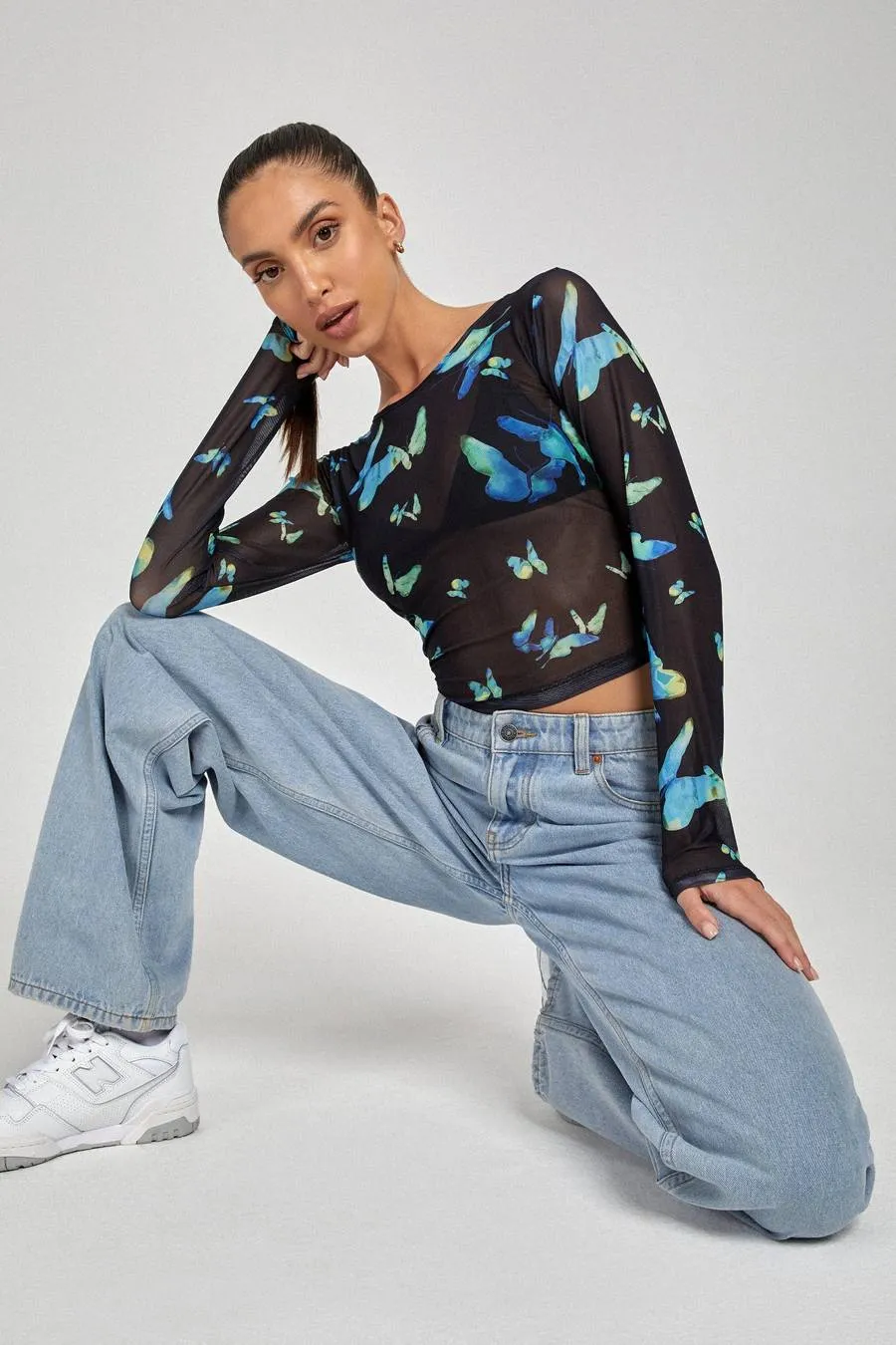 Motel Elijah long Sleeve Top - Black/Blue Butterfly