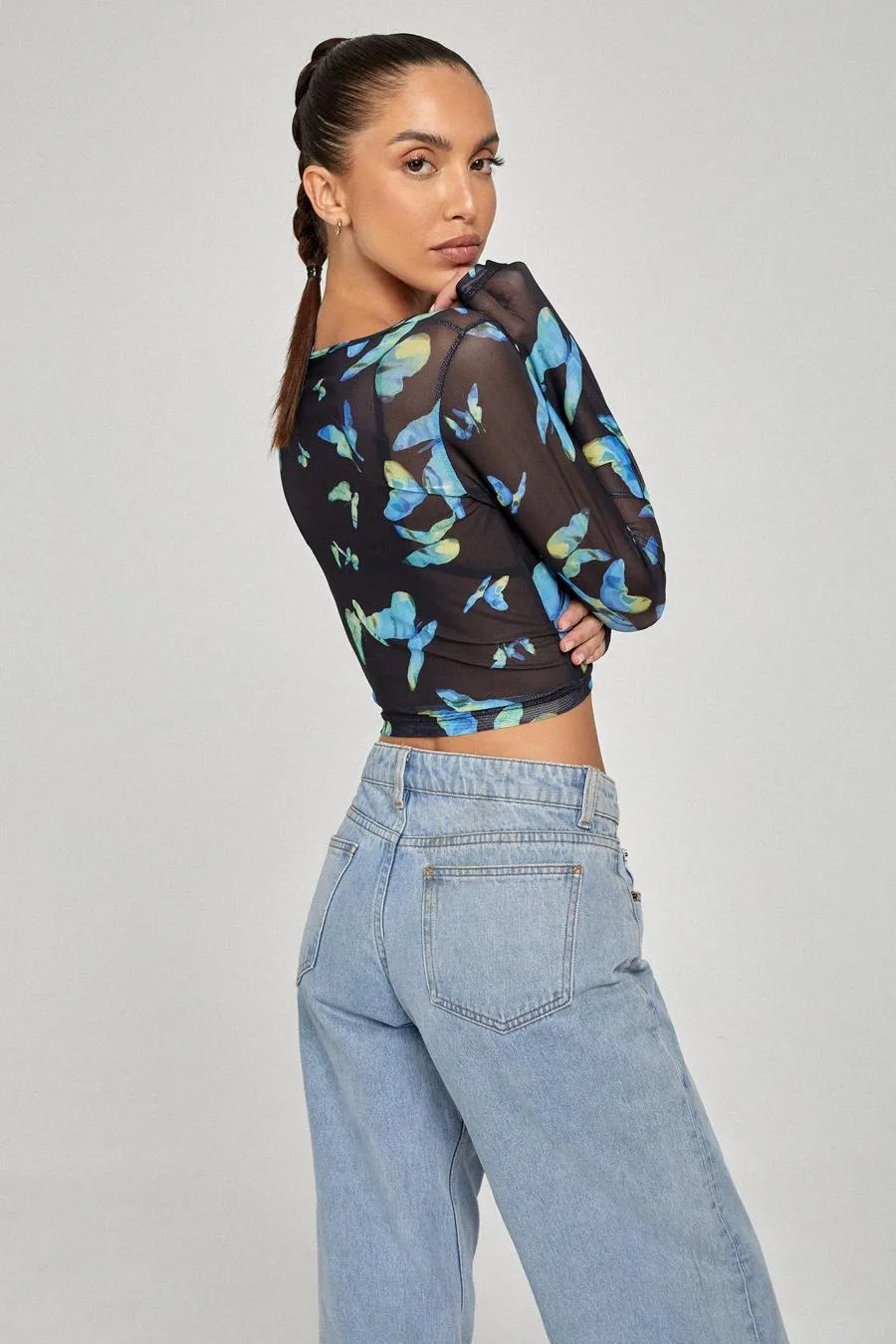 Motel Elijah long Sleeve Top - Black/Blue Butterfly