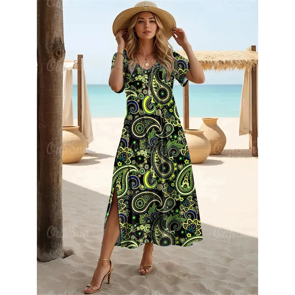 Multicolor Paisley Print Women's Plus Size Long Dresses
