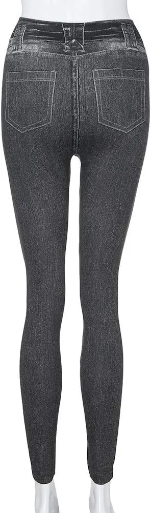 NaRHbrg Faux Denim Pants for Women's High Waisted Skinny Leggings Slim Fits Denim Pant Long Stretch Pencil Jeans with Pocket
