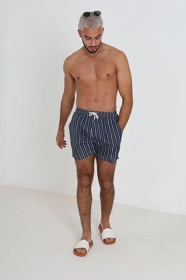 NAVY STRIPE PRINT ELASTICATED WAIST SWIMSHORTS