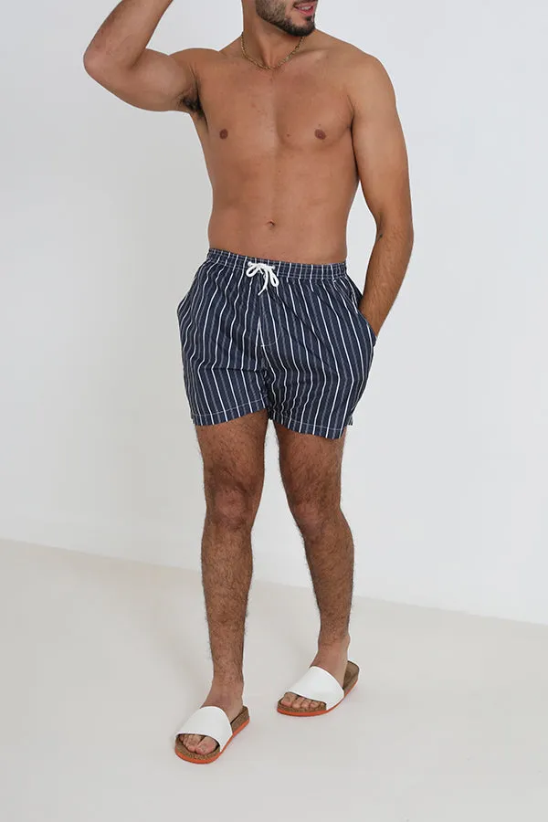 NAVY STRIPE PRINT ELASTICATED WAIST SWIMSHORTS