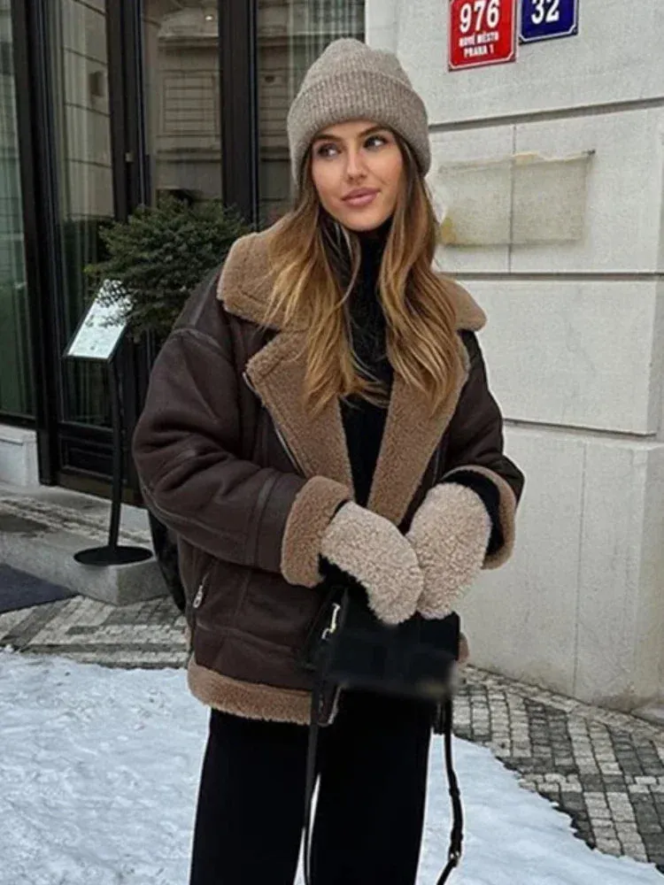 New Fusion Women Warm Coats Thick Faux Leather Jacket Vintage Lapel Long Sleeve Zipper Overcoat