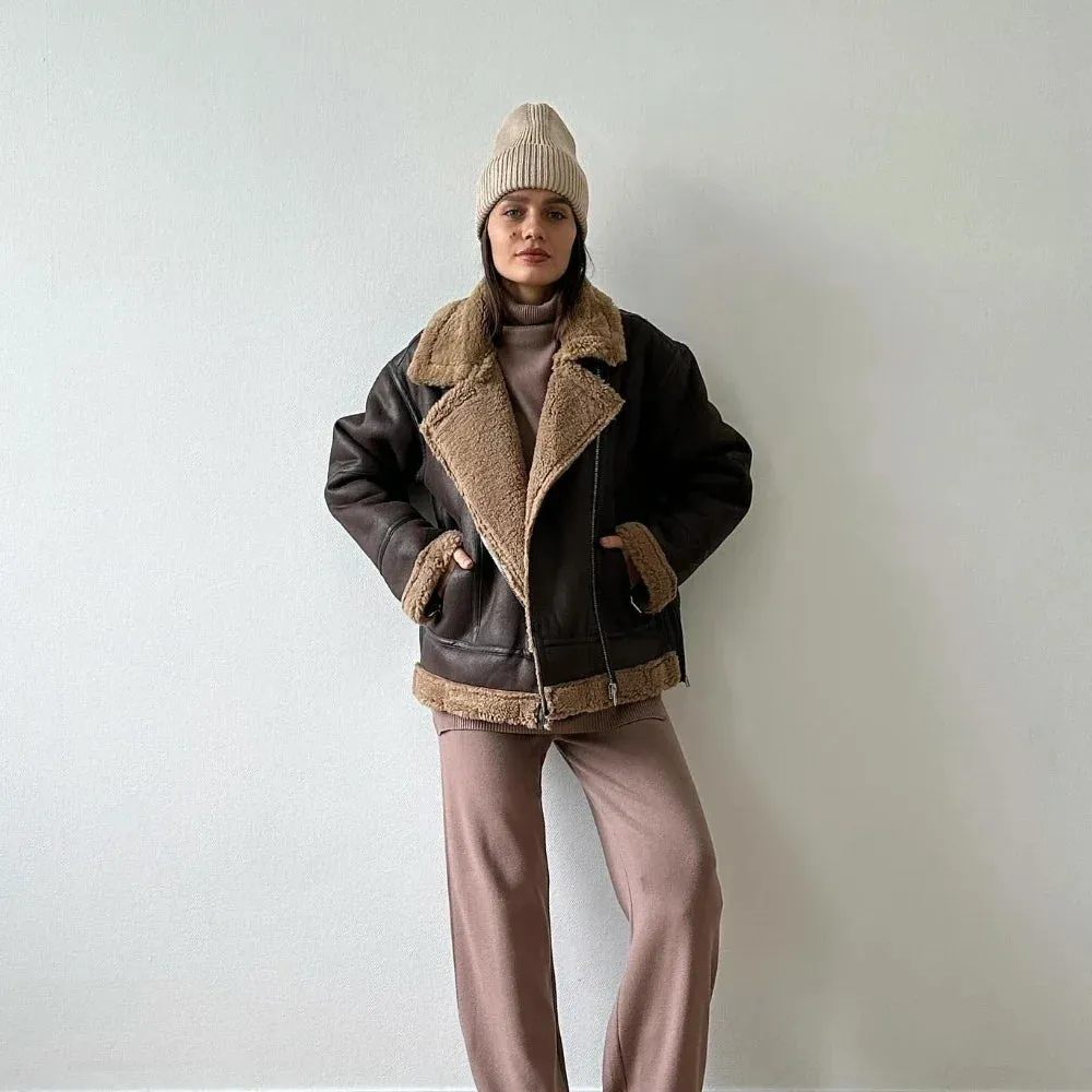 New Fusion Women Warm Coats Thick Faux Leather Jacket Vintage Lapel Long Sleeve Zipper Overcoat
