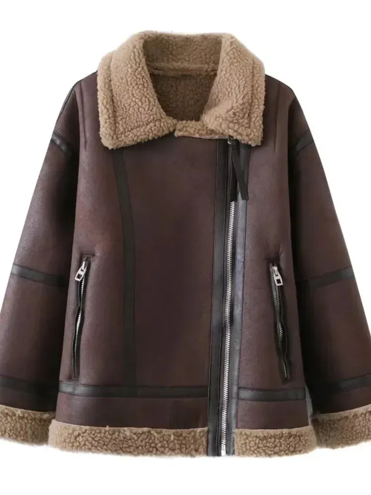 New Fusion Women Warm Coats Thick Faux Leather Jacket Vintage Lapel Long Sleeve Zipper Overcoat