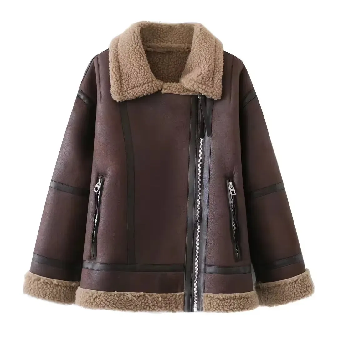 New Fusion Women Warm Coats Thick Faux Leather Jacket Vintage Lapel Long Sleeve Zipper Overcoat