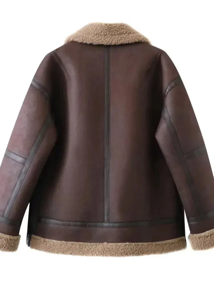 New Fusion Women Warm Coats Thick Faux Leather Jacket Vintage Lapel Long Sleeve Zipper Overcoat