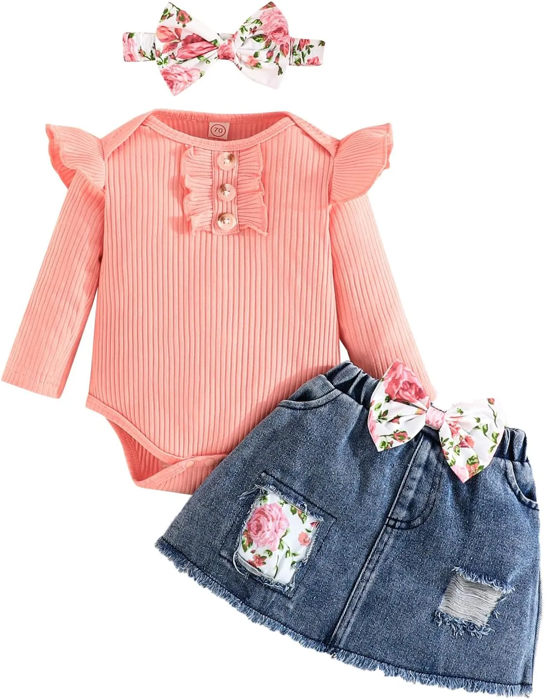 Newborn Baby Girl Clothes Infant Outfits Ruffle Romper   Denim Skirt   Headband Girls' Clothing Sets
