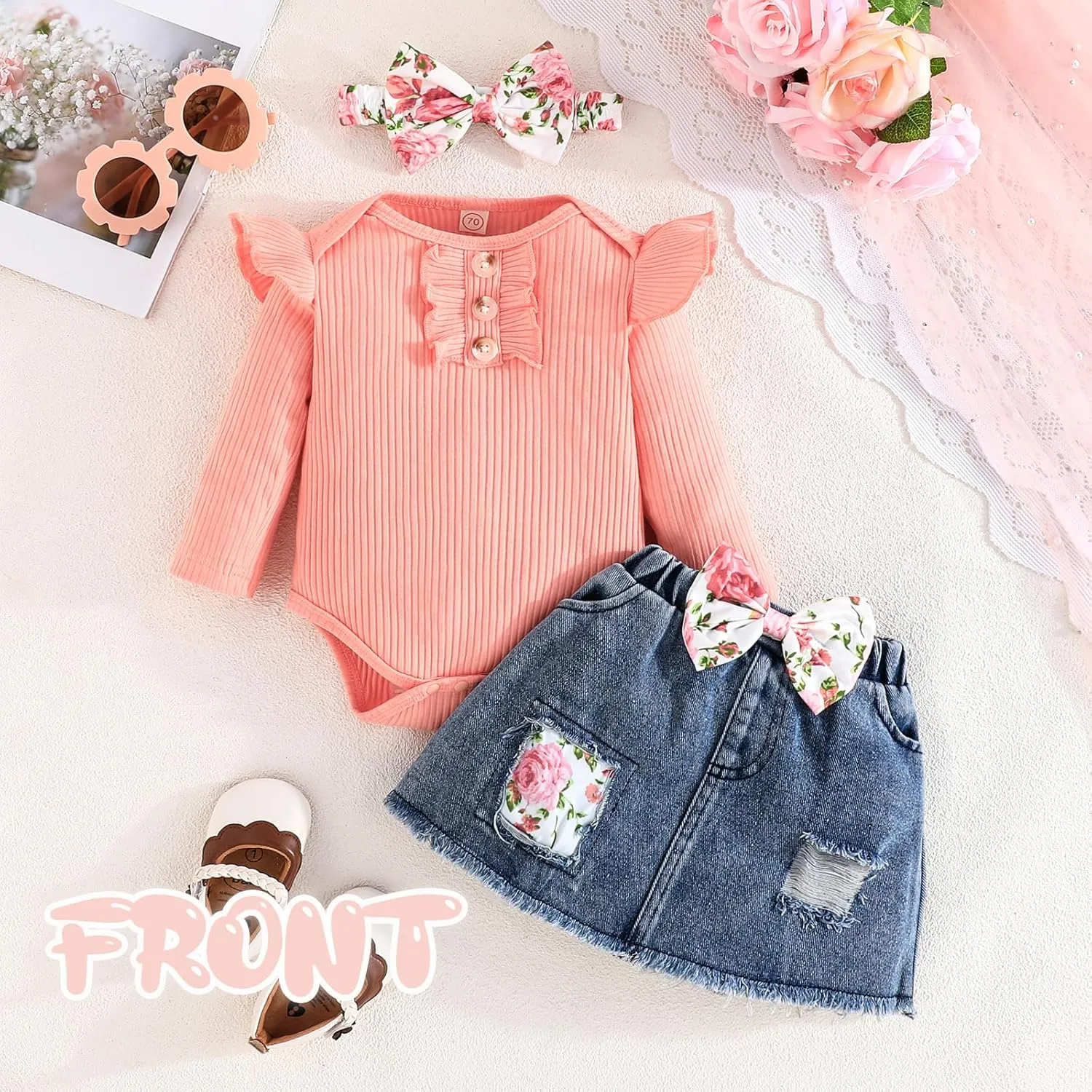 Newborn Baby Girl Clothes Infant Outfits Ruffle Romper   Denim Skirt   Headband Girls' Clothing Sets