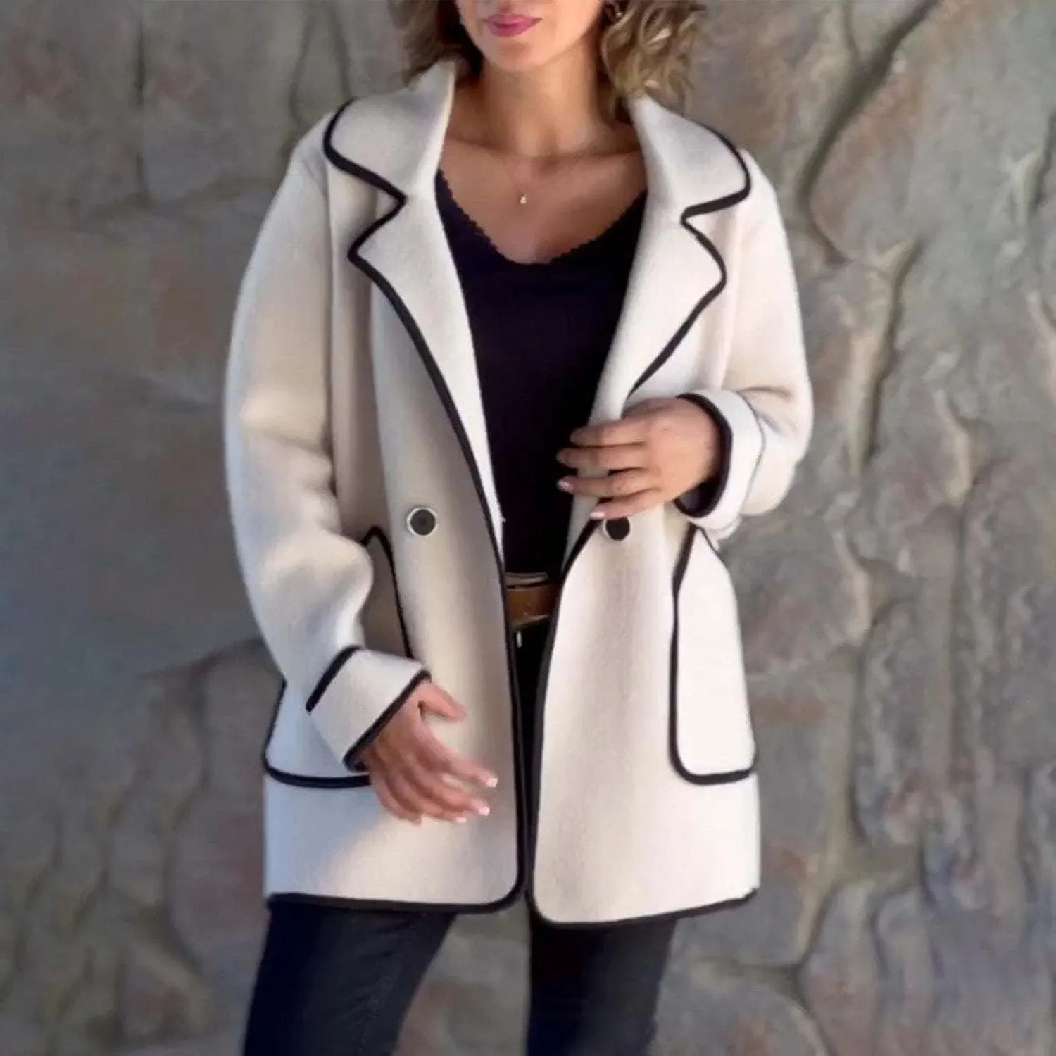 Notch Lapel Coats Button Down Casual Coat for Women Business Blend Pea Coats Double Breasted Short Woolen Jackets