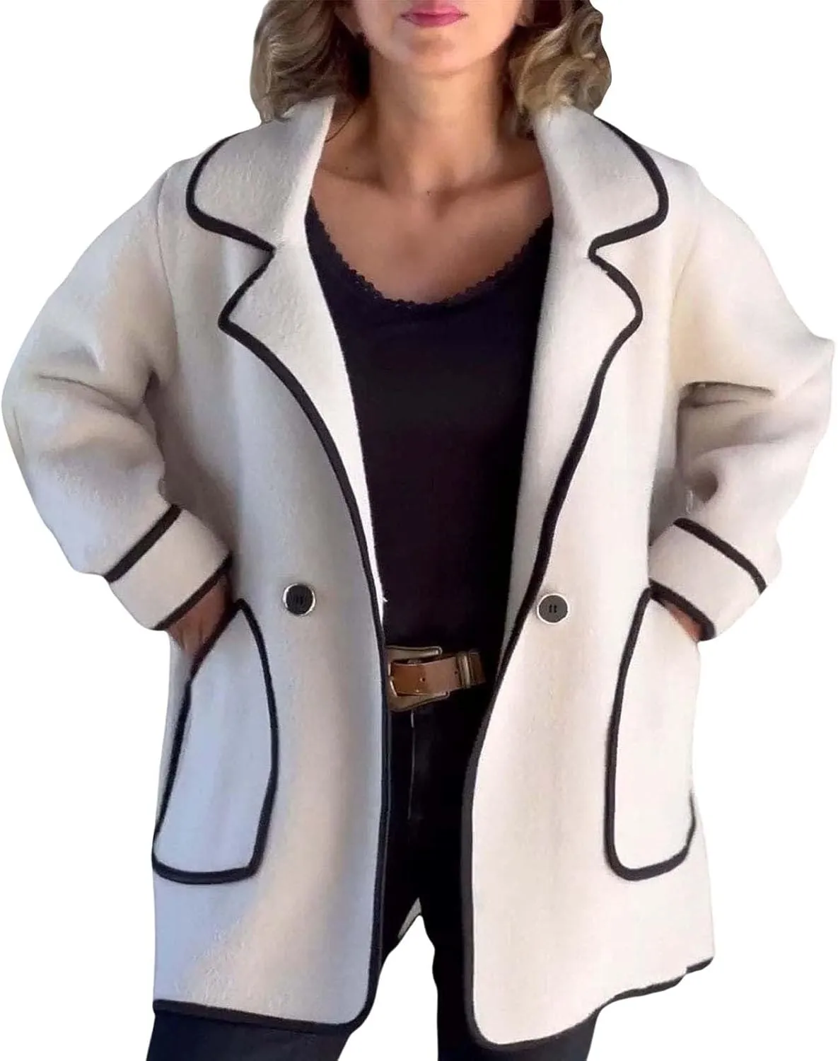Notch Lapel Coats Button Down Casual Coat for Women Business Blend Pea Coats Double Breasted Short Woolen Jackets