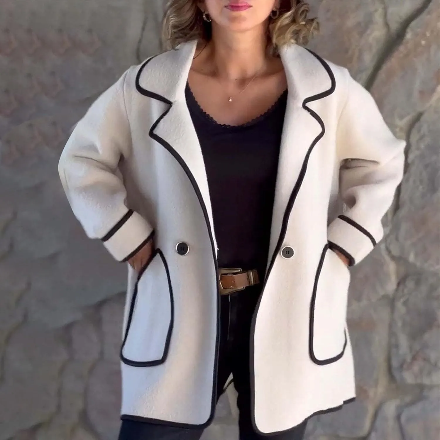 Notch Lapel Coats Button Down Casual Coat for Women Business Blend Pea Coats Double Breasted Short Woolen Jackets