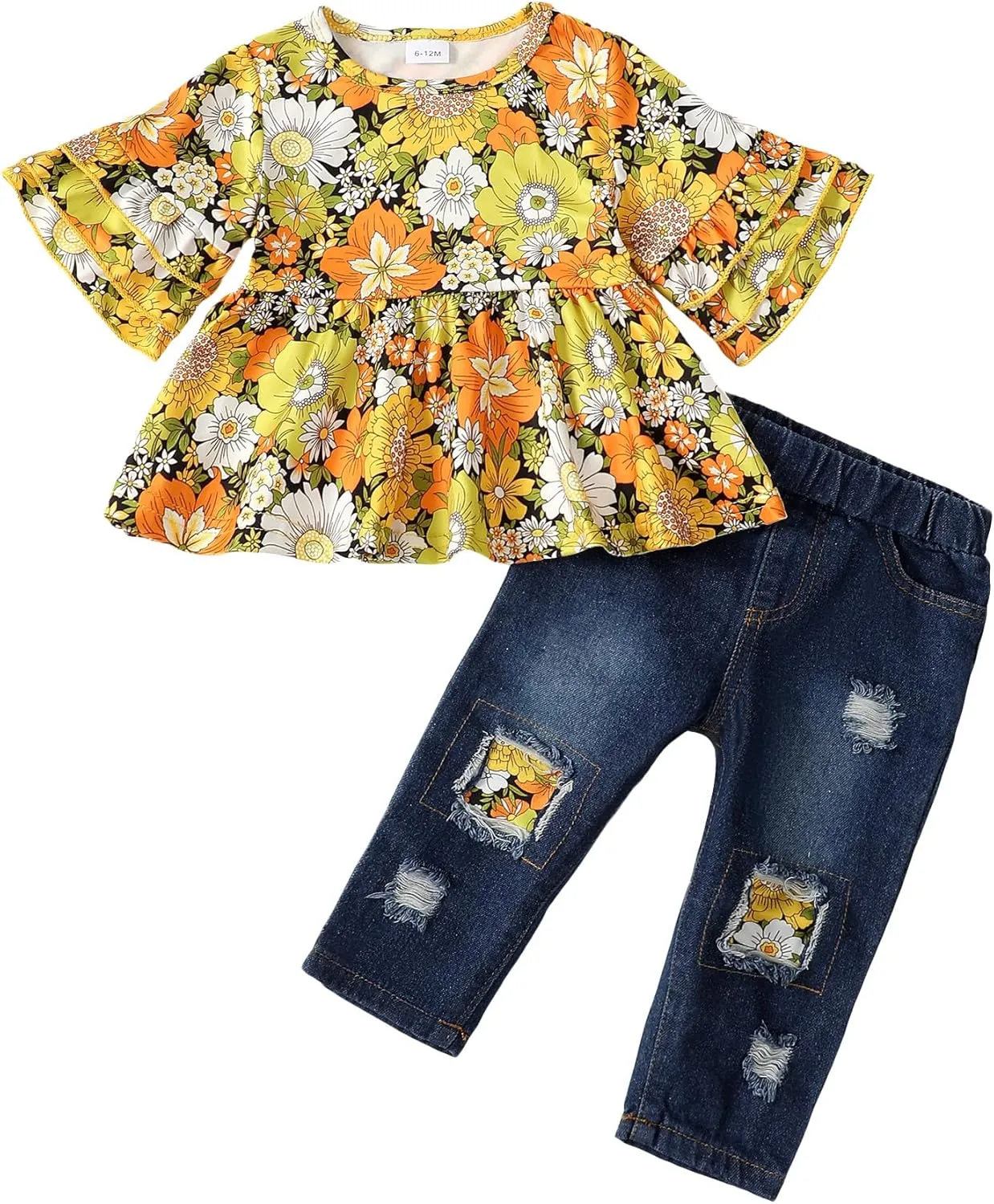 NZRVAWS Baby Girl Clothes Toddler Girl Outfits Infant Ruffle Shirt Denim Ripped Jeans Cute Clothing Set