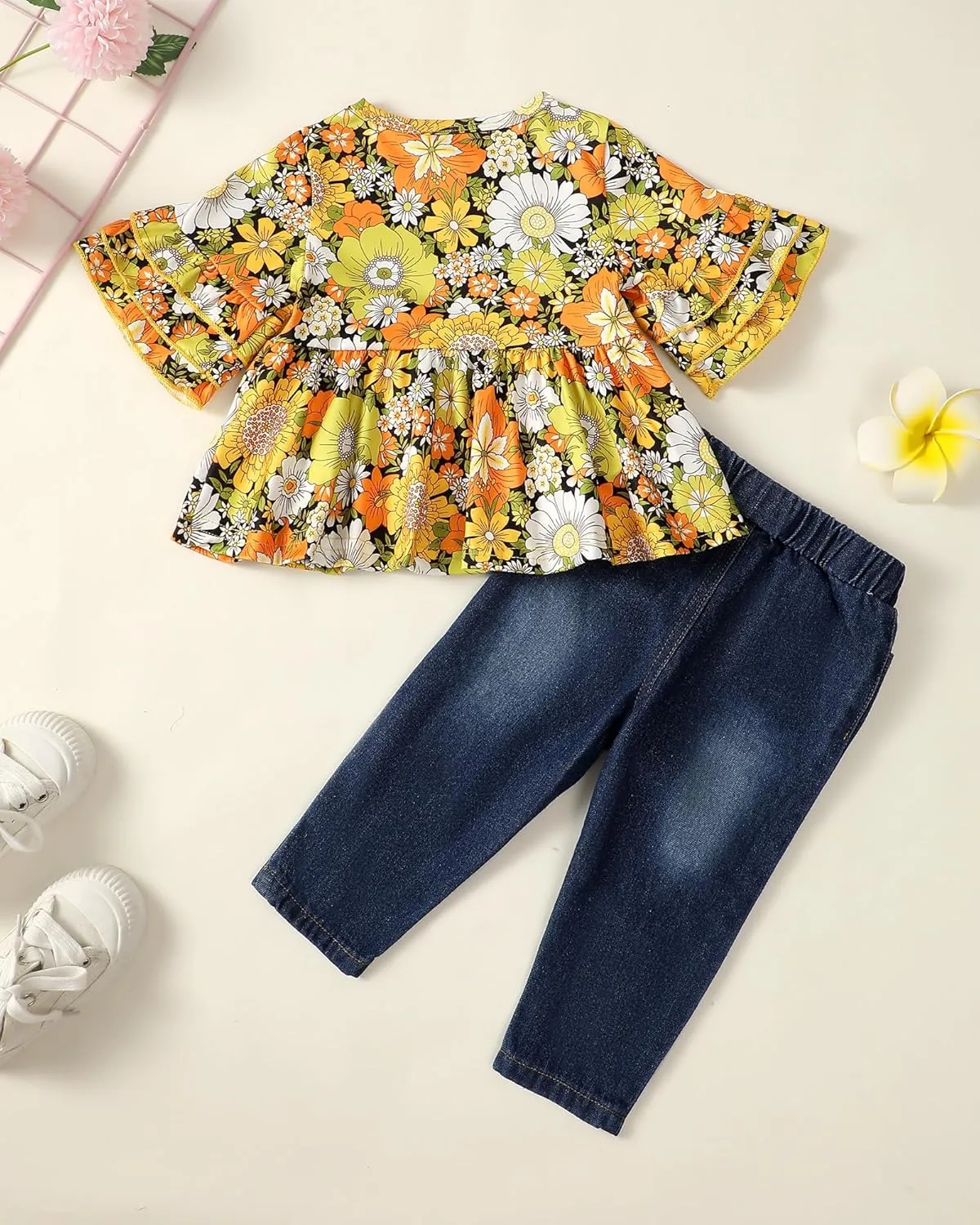 NZRVAWS Baby Girl Clothes Toddler Girl Outfits Infant Ruffle Shirt Denim Ripped Jeans Cute Clothing Set