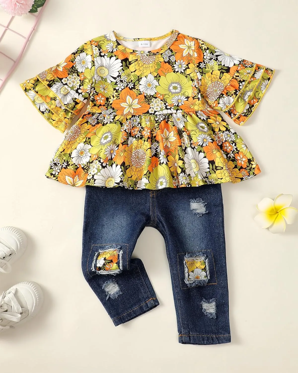 NZRVAWS Baby Girl Clothes Toddler Girl Outfits Infant Ruffle Shirt Denim Ripped Jeans Cute Clothing Set
