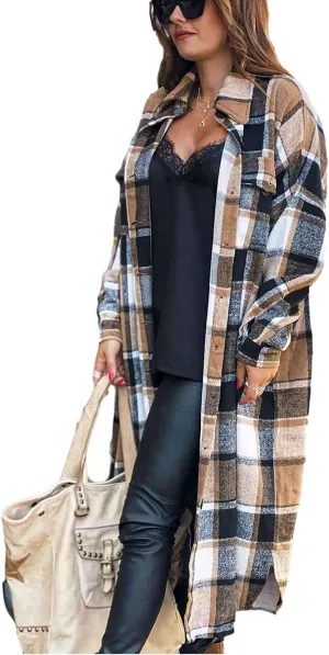 Omoone Women's Flannel Plaid Shacket Fall Oversized Long Button Down Shirt Jacket Shackets