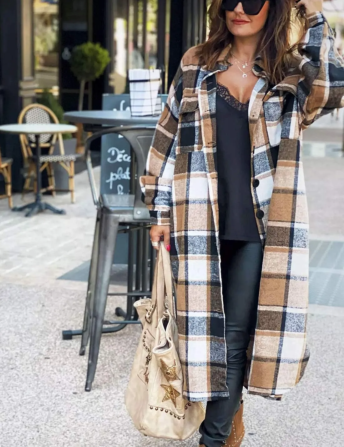Omoone Women's Flannel Plaid Shacket Fall Oversized Long Button Down Shirt Jacket Shackets