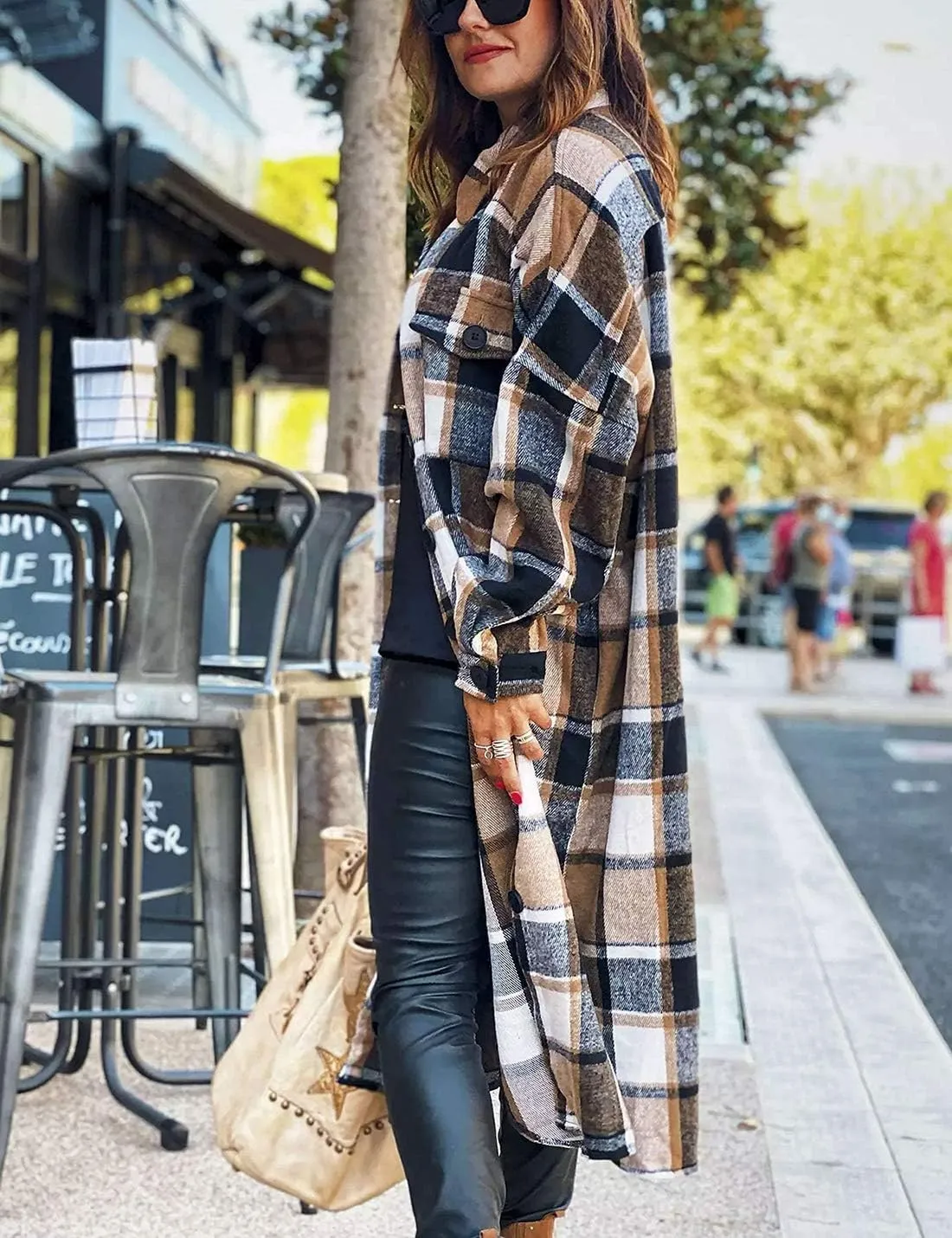 Omoone Women's Flannel Plaid Shacket Fall Oversized Long Button Down Shirt Jacket Shackets