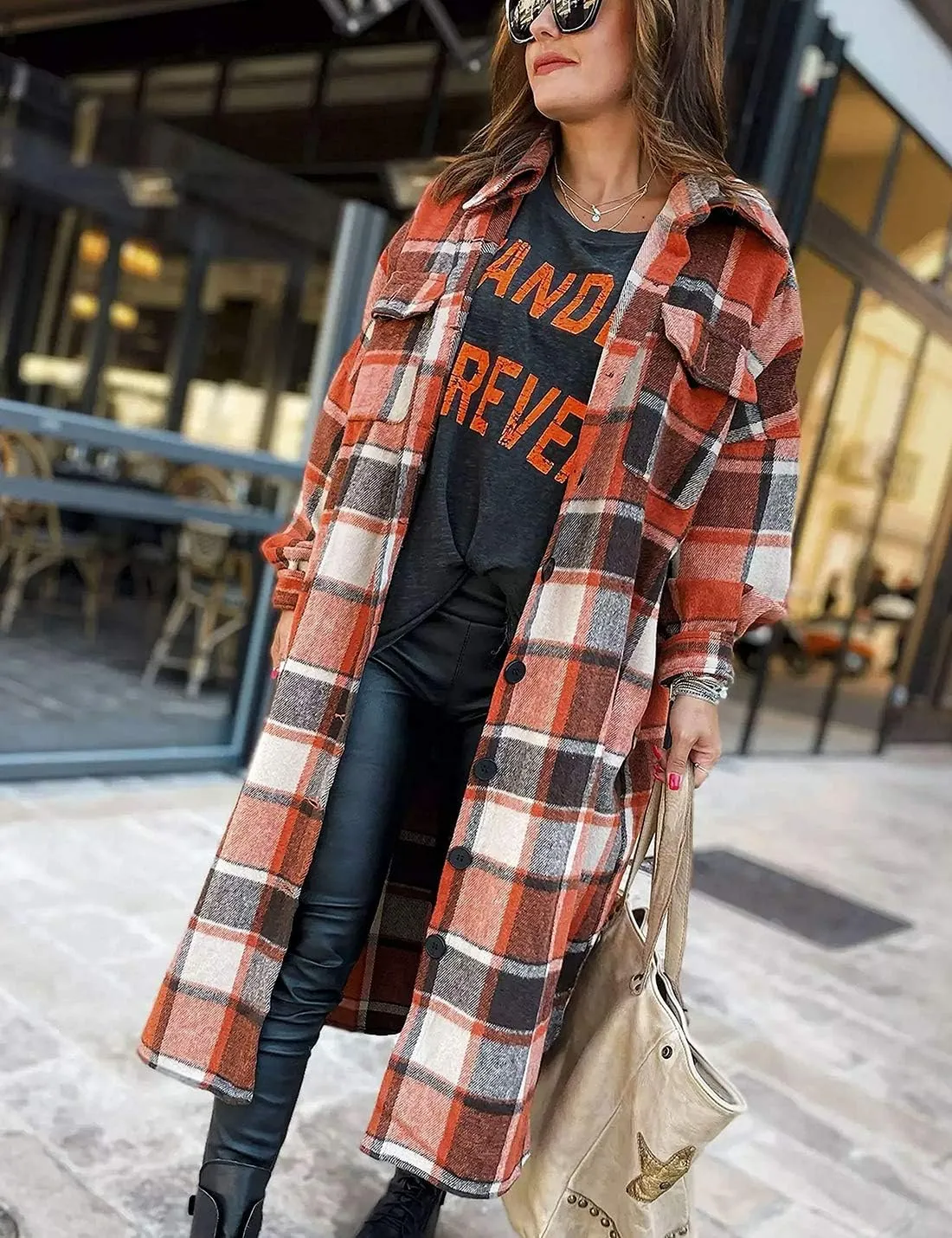 Omoone Women's Flannel Plaid Shacket Fall Oversized Long Button Down Shirt Jacket Shackets