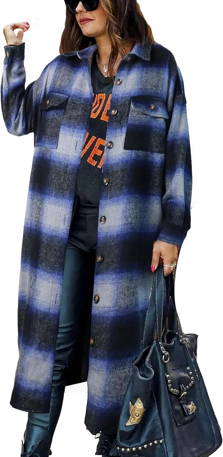 Omoone Women's Flannel Plaid Shacket Fall Oversized Long Button Down Shirt Jacket Shackets