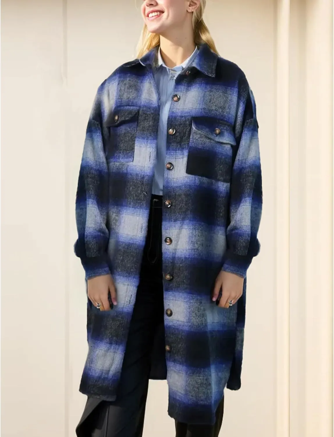 Omoone Women's Flannel Plaid Shacket Fall Oversized Long Button Down Shirt Jacket Shackets