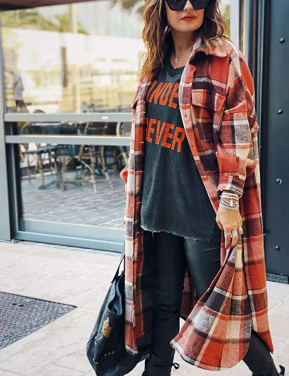 Omoone Women's Flannel Plaid Shacket Fall Oversized Long Button Down Shirt Jacket Shackets