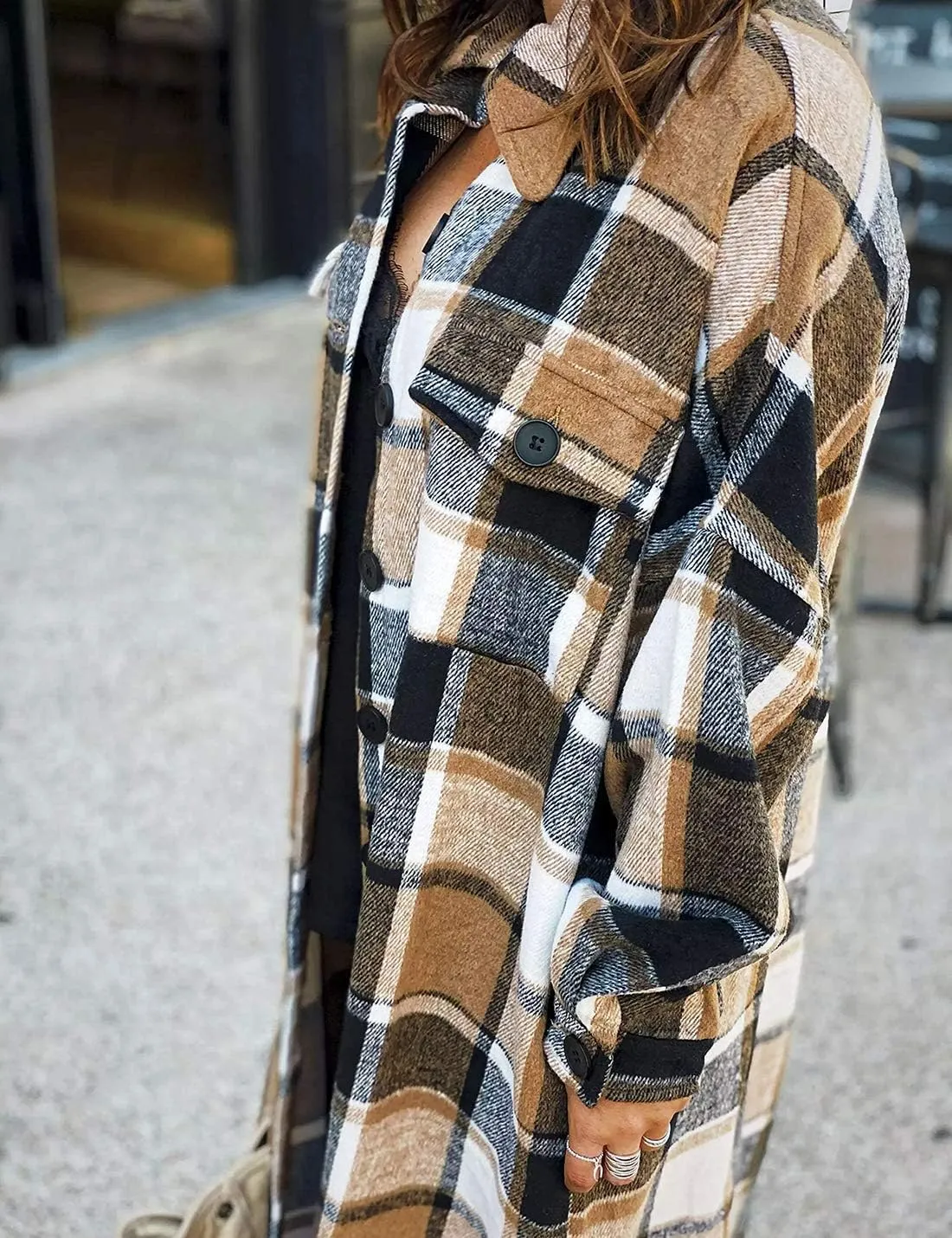 Omoone Women's Flannel Plaid Shacket Fall Oversized Long Button Down Shirt Jacket Shackets