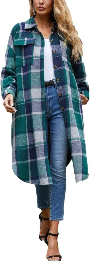 Omoone Women's Flannel Plaid Shacket Fall Oversized Long Button Down Shirt Jacket Shackets