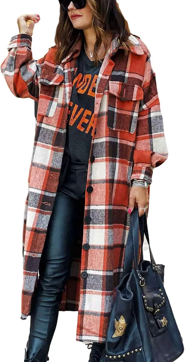 Omoone Women's Flannel Plaid Shacket Fall Oversized Long Button Down Shirt Jacket Shackets