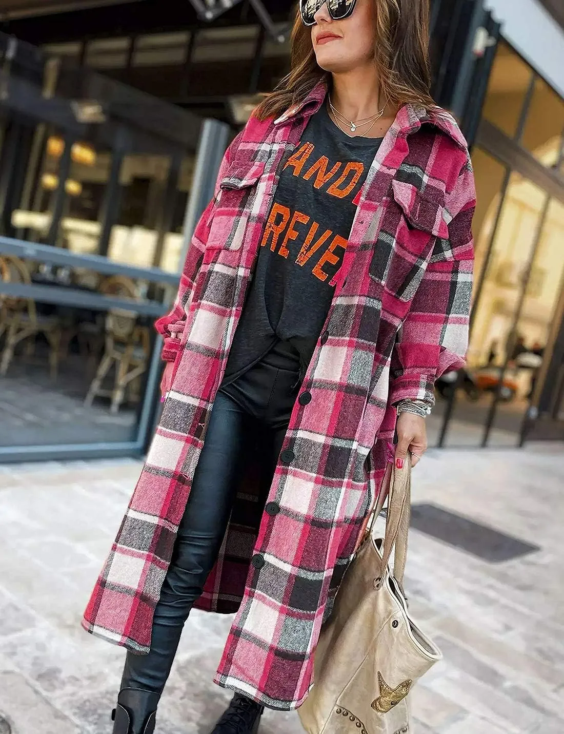 Omoone Women's Flannel Plaid Shacket Fall Oversized Long Button Down Shirt Jacket Shackets