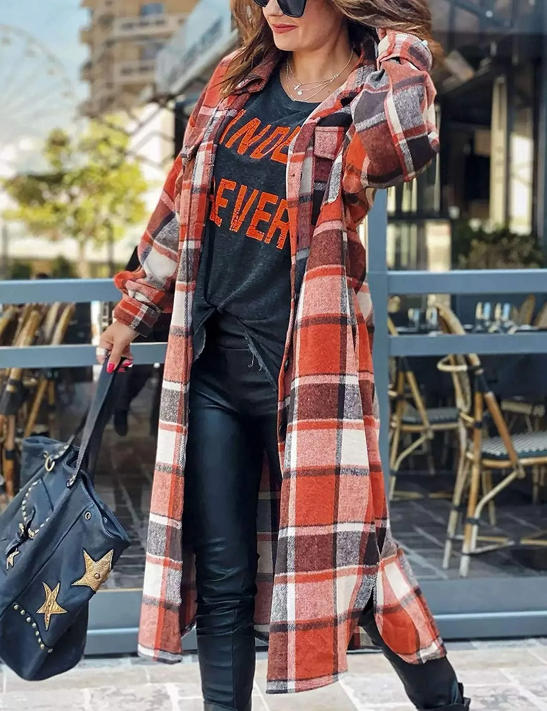 Omoone Women's Flannel Plaid Shacket Fall Oversized Long Button Down Shirt Jacket Shackets