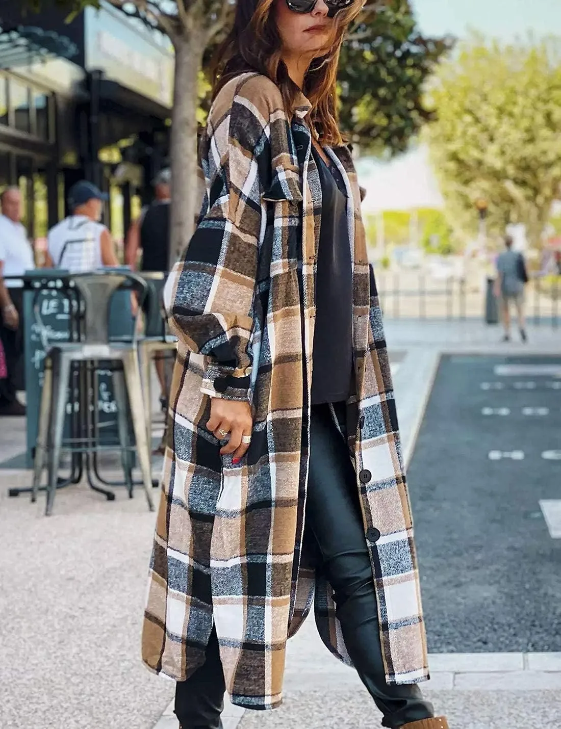 Omoone Women's Flannel Plaid Shacket Fall Oversized Long Button Down Shirt Jacket Shackets