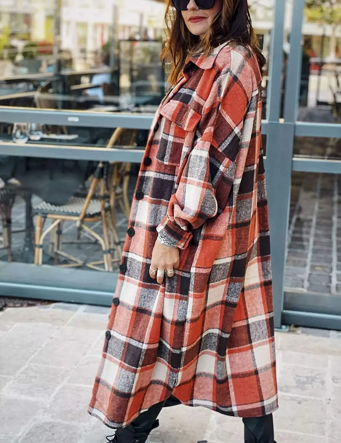 Omoone Women's Flannel Plaid Shacket Fall Oversized Long Button Down Shirt Jacket Shackets