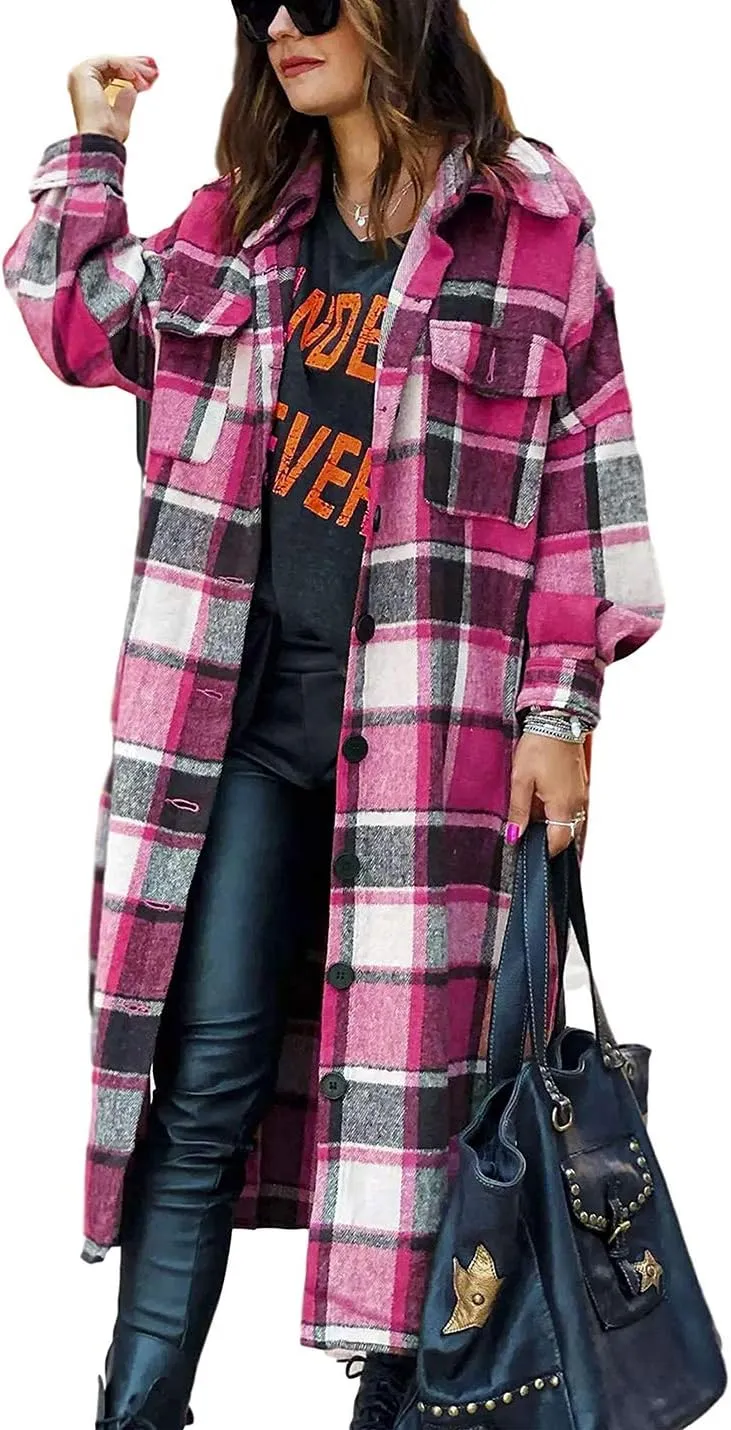 Omoone Women's Flannel Plaid Shacket Fall Oversized Long Button Down Shirt Jacket Shackets