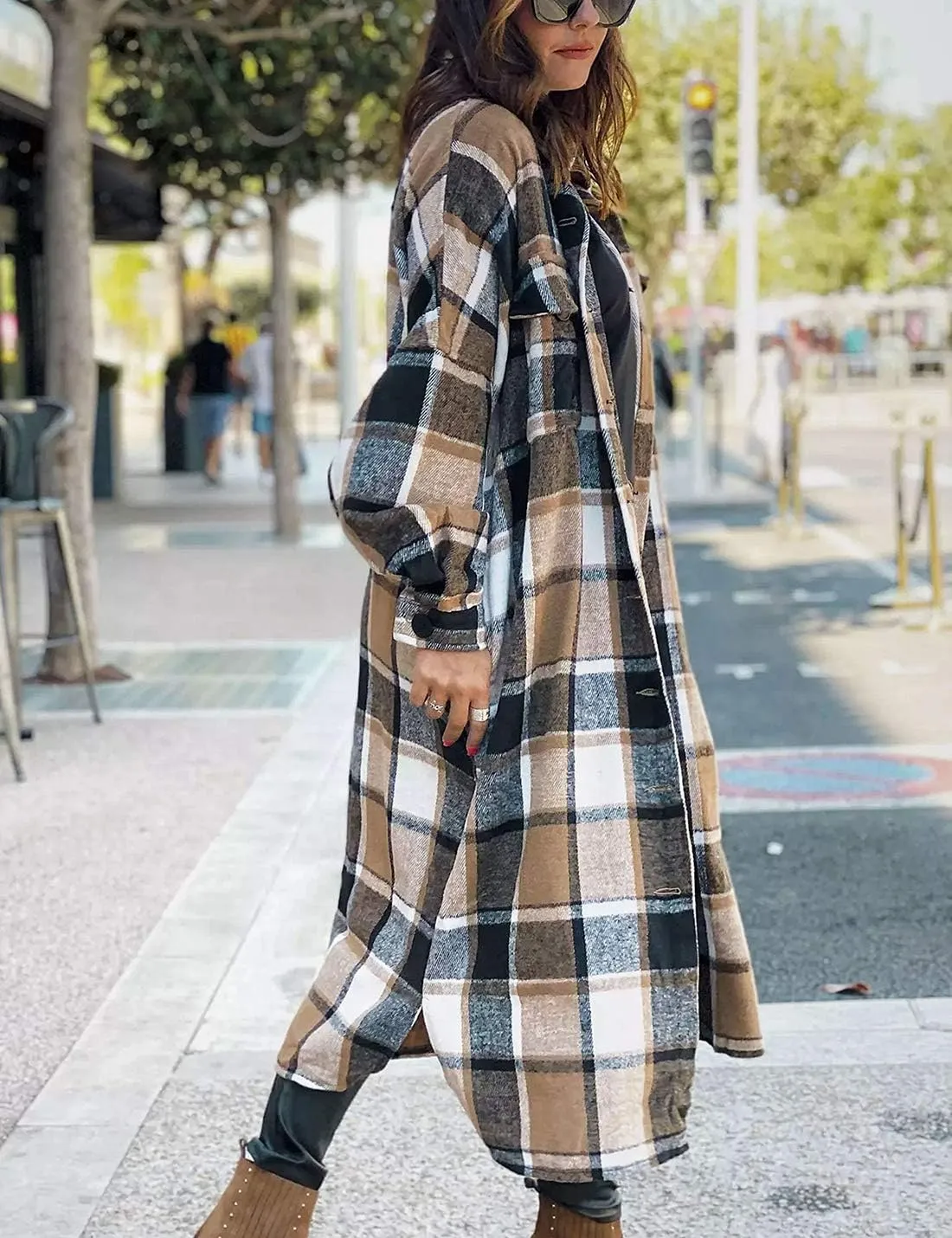 Omoone Women's Flannel Plaid Shacket Fall Oversized Long Button Down Shirt Jacket Shackets