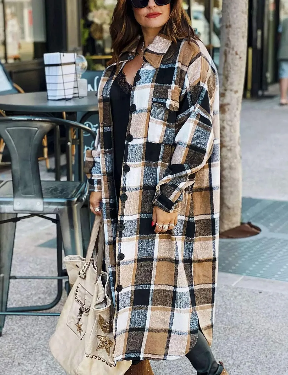 Omoone Women's Flannel Plaid Shacket Fall Oversized Long Button Down Shirt Jacket Shackets