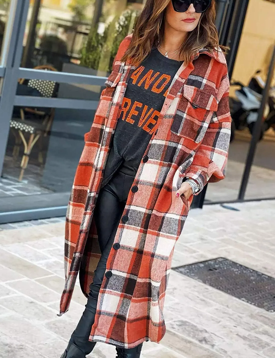 Omoone Women's Flannel Plaid Shacket Fall Oversized Long Button Down Shirt Jacket Shackets
