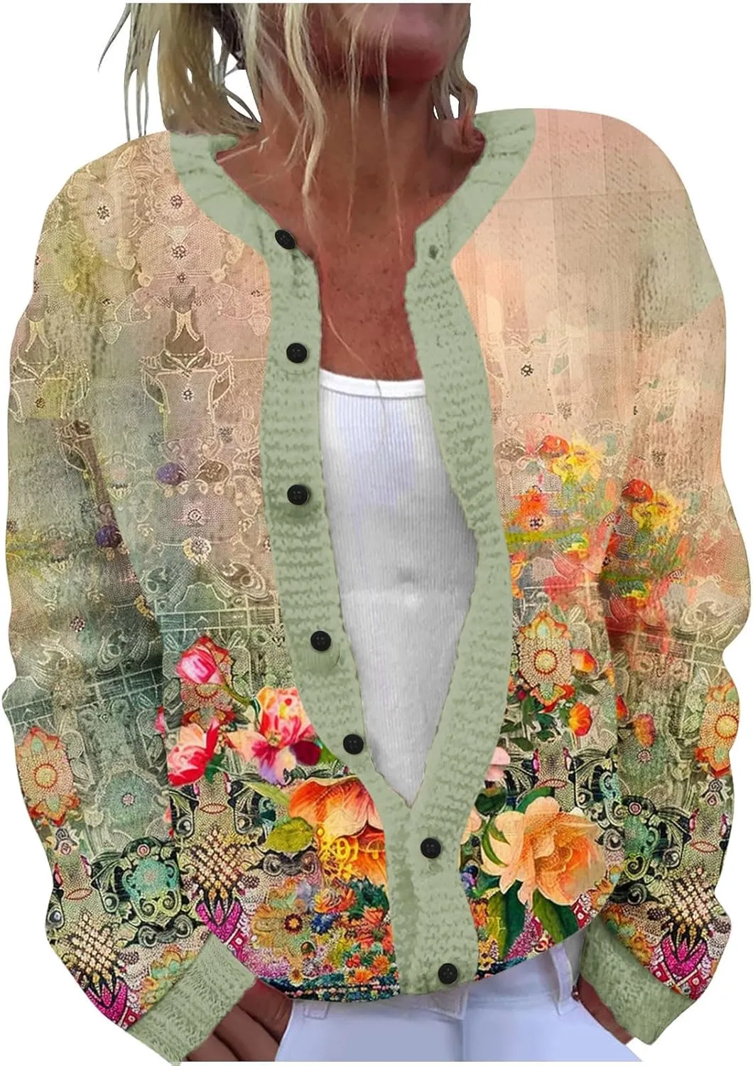Open Front Cardigan Women Button Down Knitted Pullover Printed Long Sleeved Fall Winter Sweaters Button Down Shirts