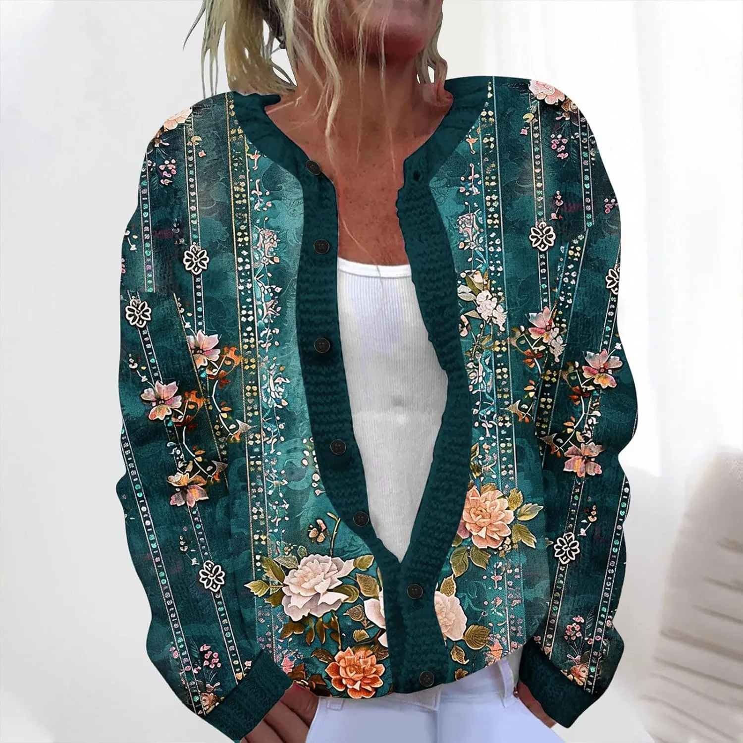 Open Front Cardigan Women Button Down Knitted Pullover Printed Long Sleeved Fall Winter Sweaters Button Down Shirts