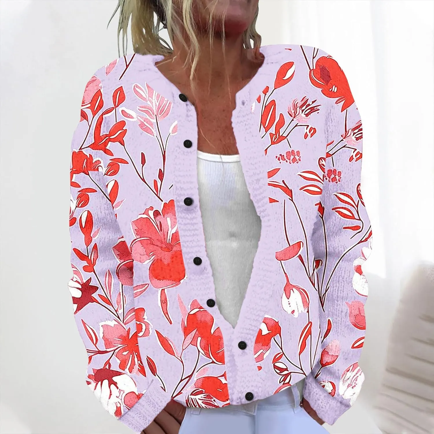 Open Front Cardigan Women Button Down Knitted Pullover Printed Long Sleeved Fall Winter Sweaters Button Down Shirts