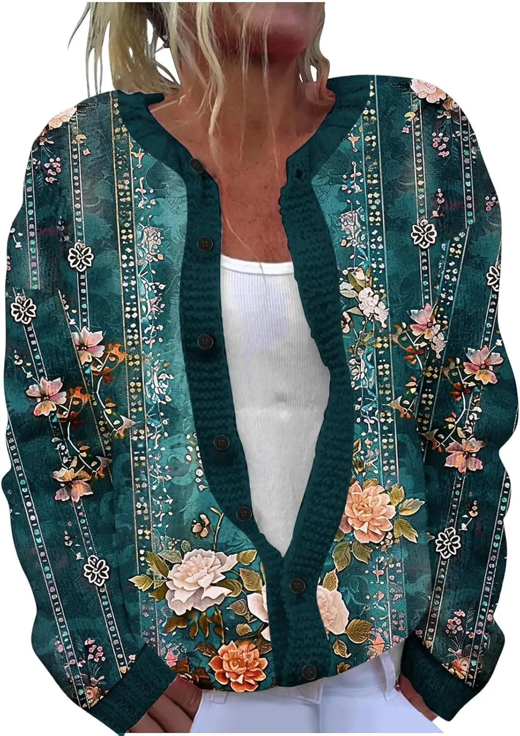 Open Front Cardigan Women Button Down Knitted Pullover Printed Long Sleeved Fall Winter Sweaters Button Down Shirts