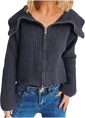 Oplxuo Women Full Zip Cardigan Sweater Lapel V-Neck Long Sleeve Chunky Knitted Crop Sweater Coat Outerwear
