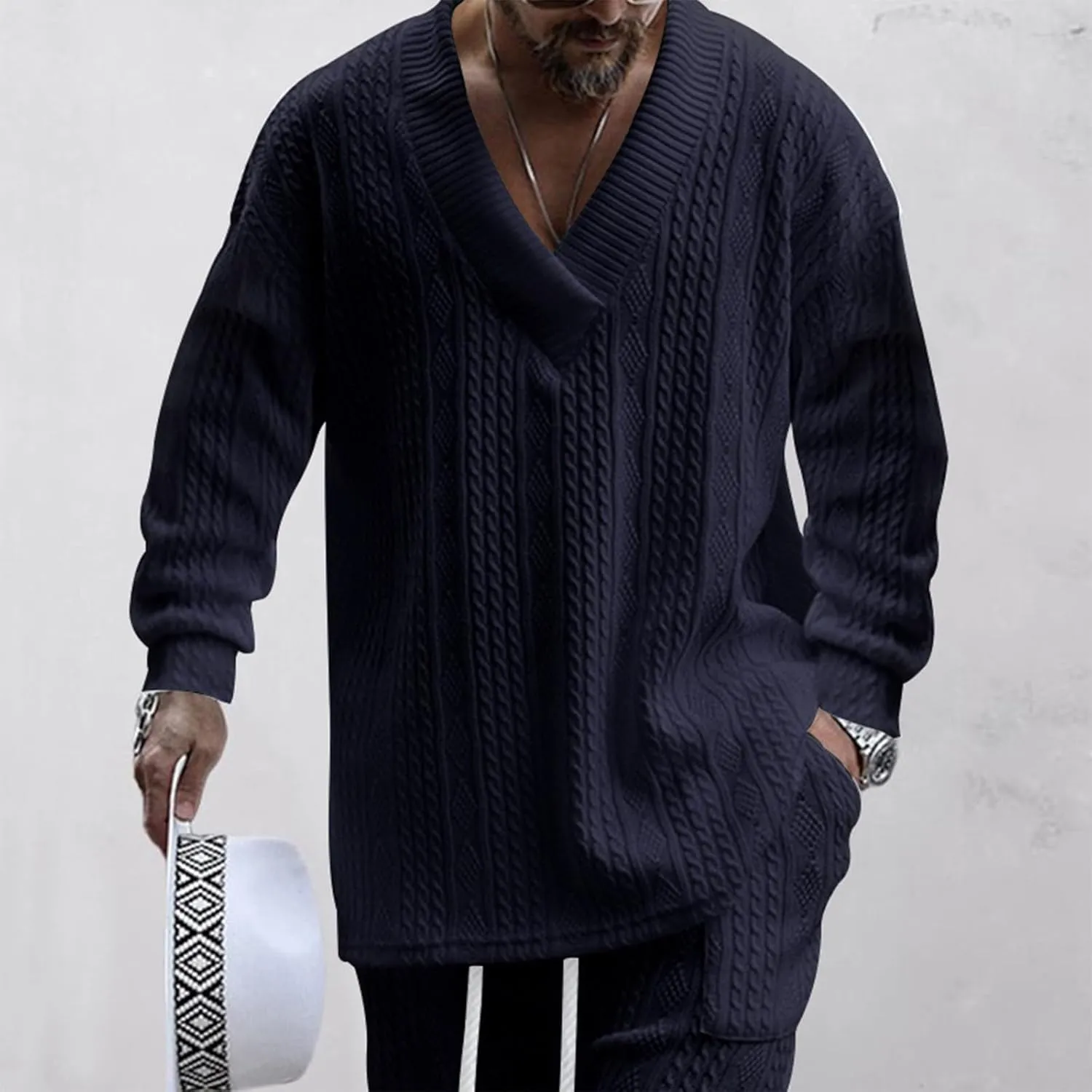 Oversize Sweater Mens V Neck Sweater Casual Loose Fit Long Sleeve Pullover Cable Knit Sweater Tops Knitwear